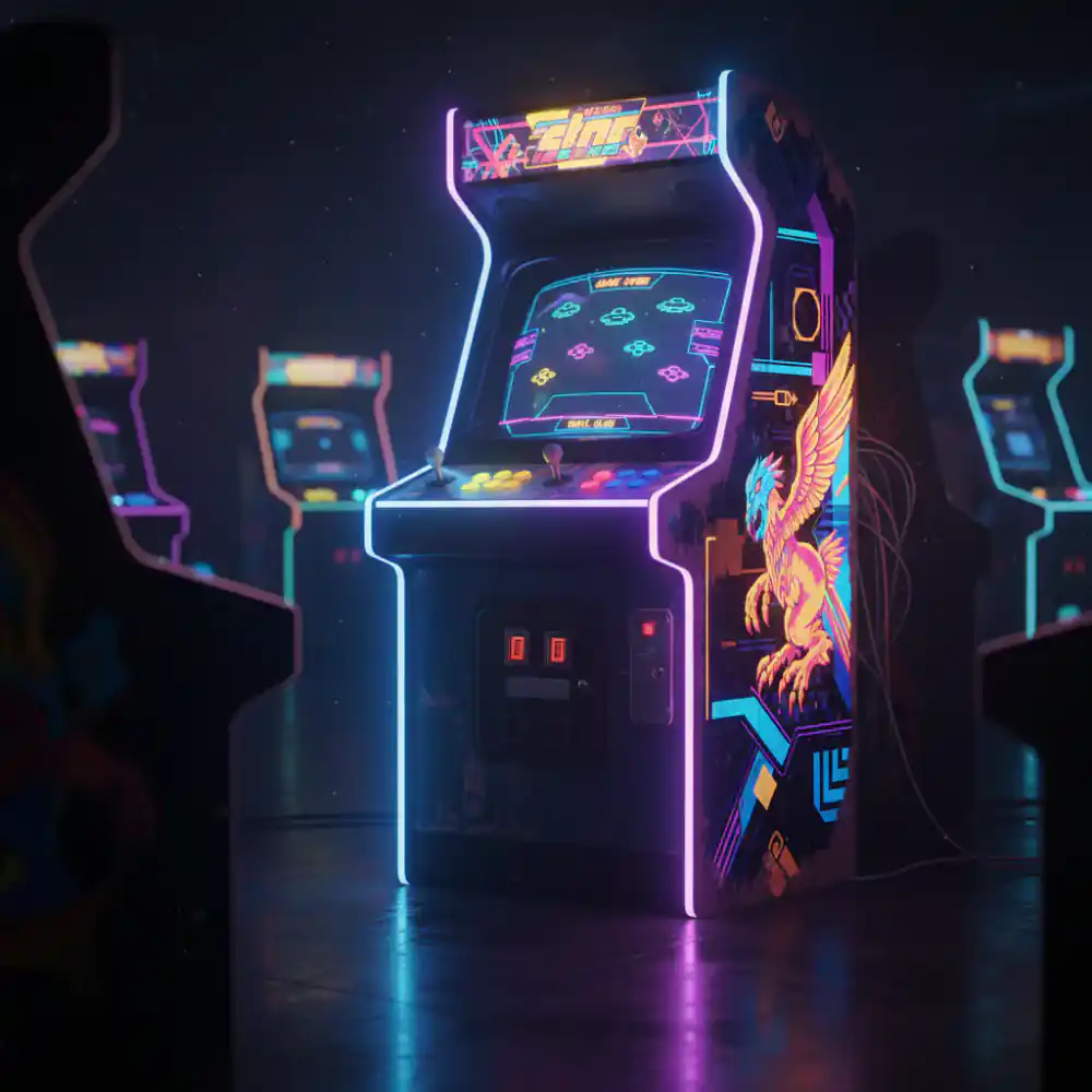 Glowing retro arcade cabinet in a dark room